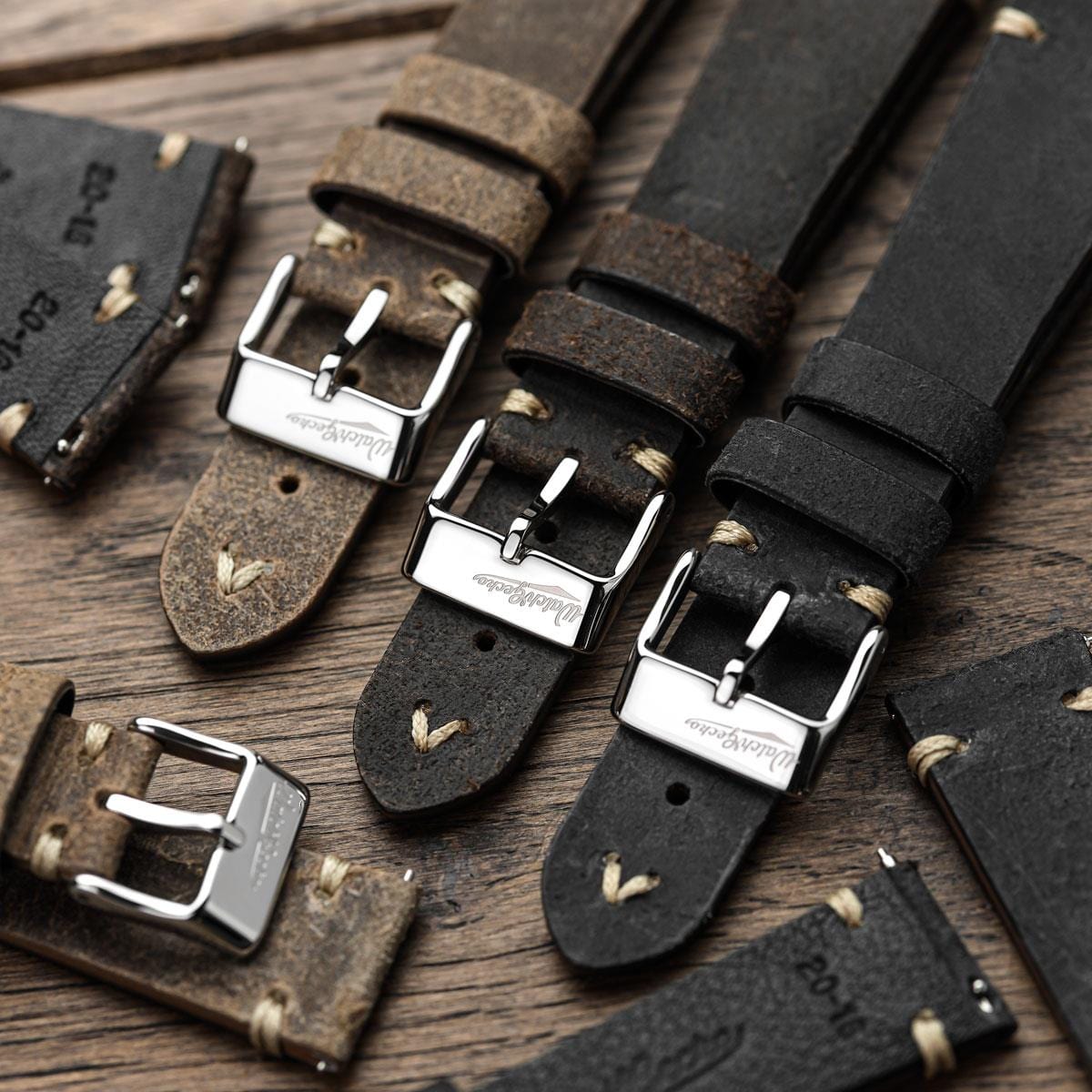 WatchGecko V-Stitch Distressed Leather Watch Strap - Brown