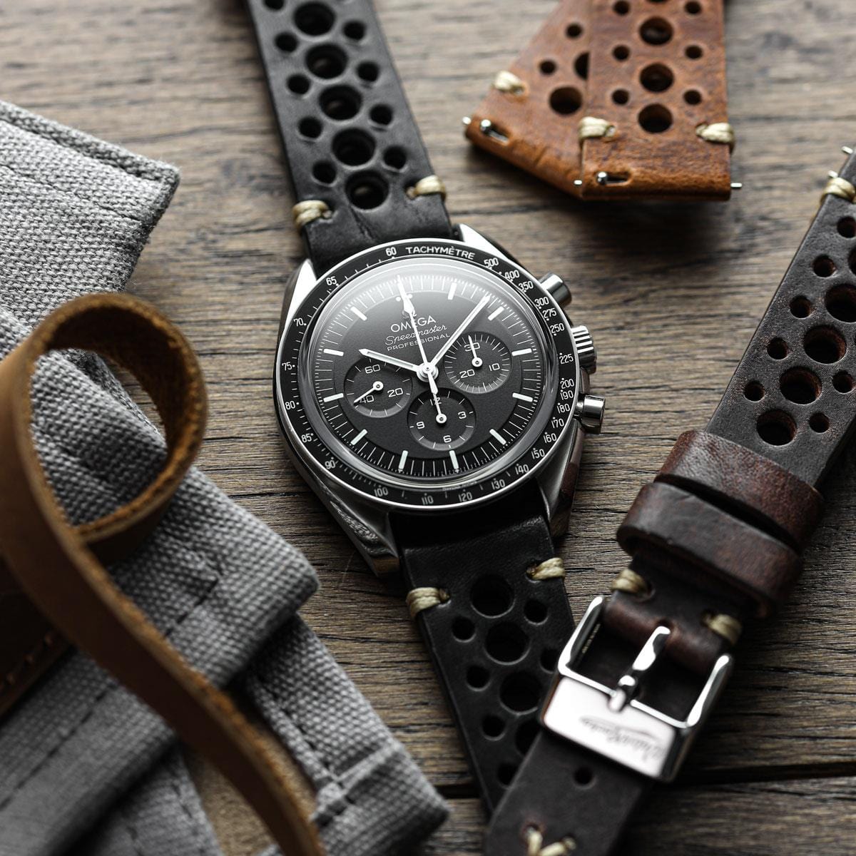 Simple Handmade Italian Leather Perforated Watch Strap Black 22mm