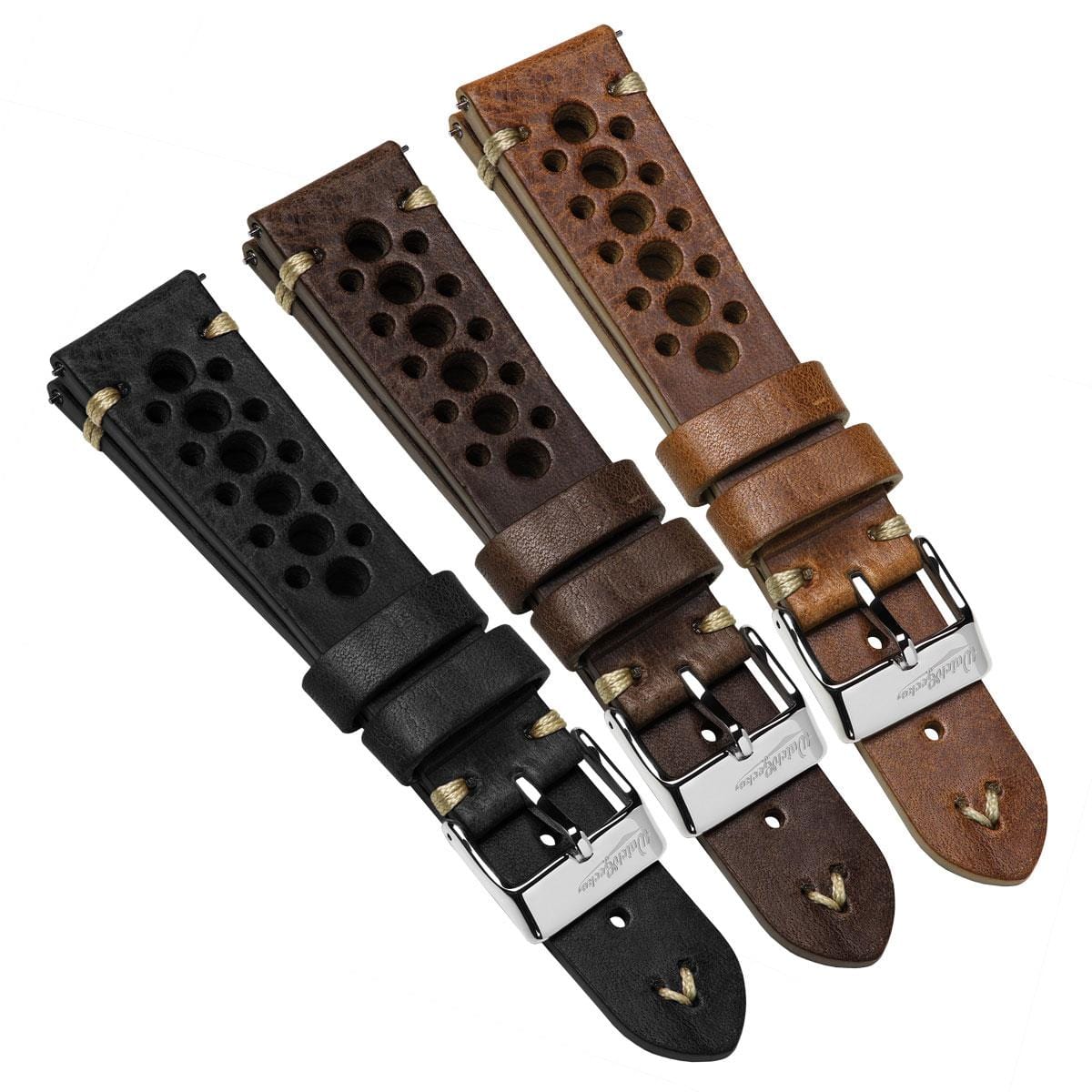 WatchGecko V-Stitch Italian Leather Perforated Watch Strap - Chocolate Brown