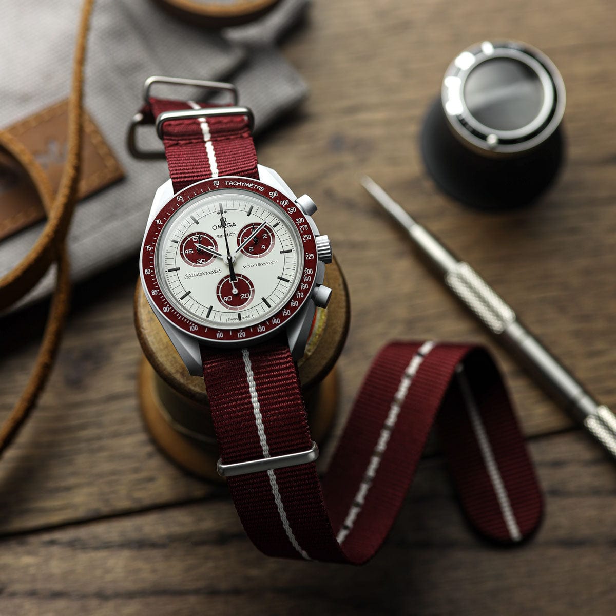 ZULUDIVER 1973 British Military Watch Strap: CADET Marine Nationale - Burgundy & White