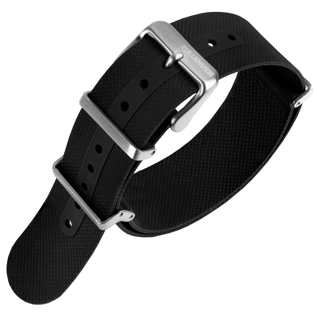 ZULUDIVER Seaton FKM Rubber Military Watch Strap - Black - Brushed Buckles