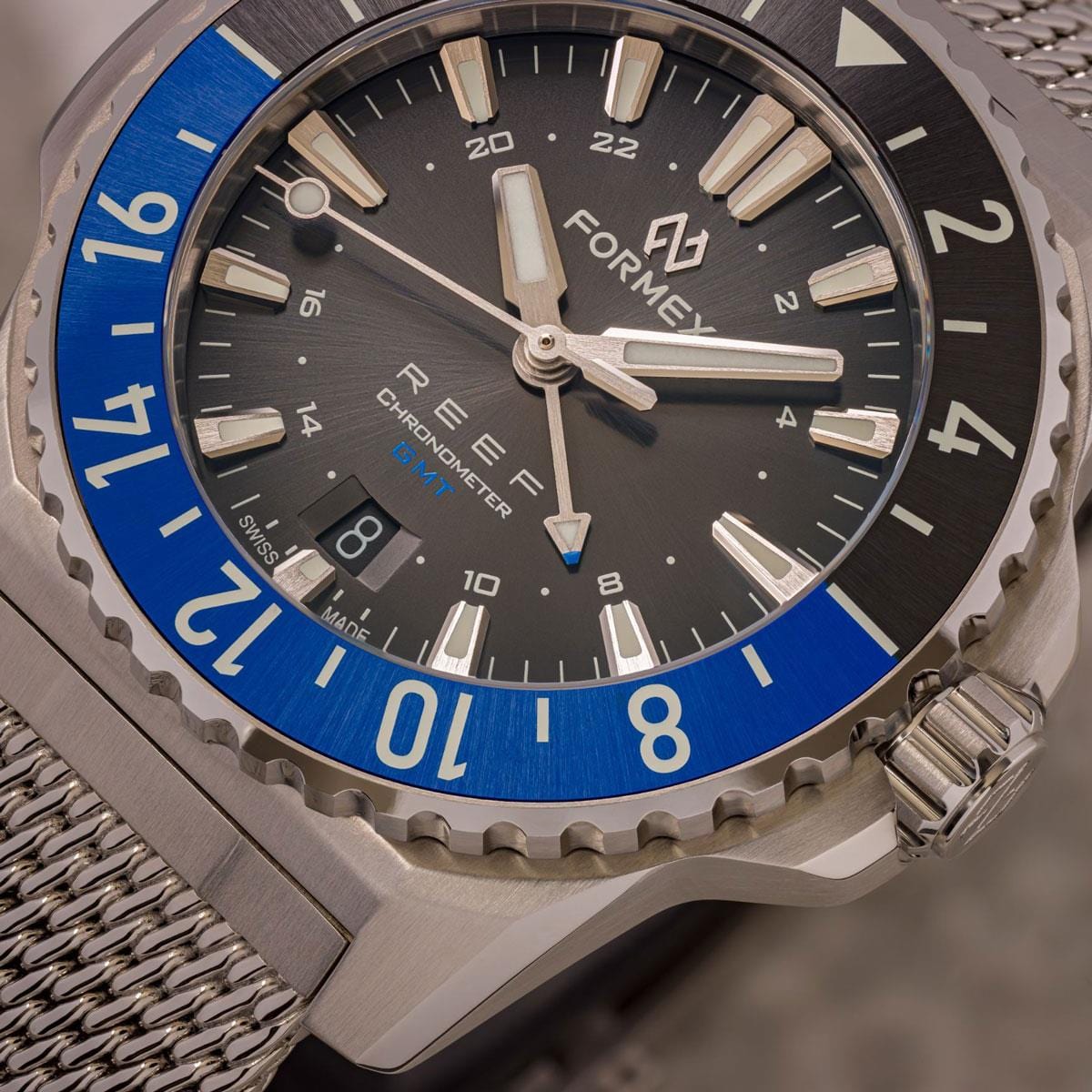 FORMEX REEF GMT - Black Dial with Blue GMT - Stainless Steel Bracelet