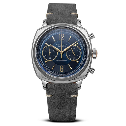 Geckota Ensign Blue and Gold Chronograph Grey Suede Strap - NEARLY NEW