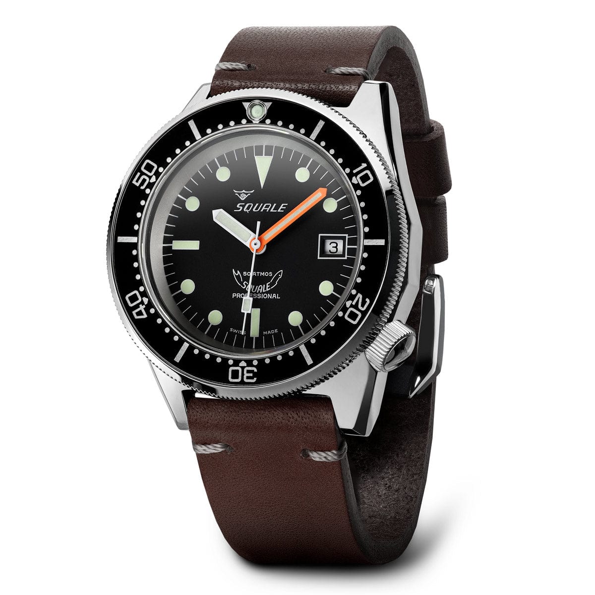 Squale 1521 Swiss Made Diver's Watch Black Dial Polished Case - Leather