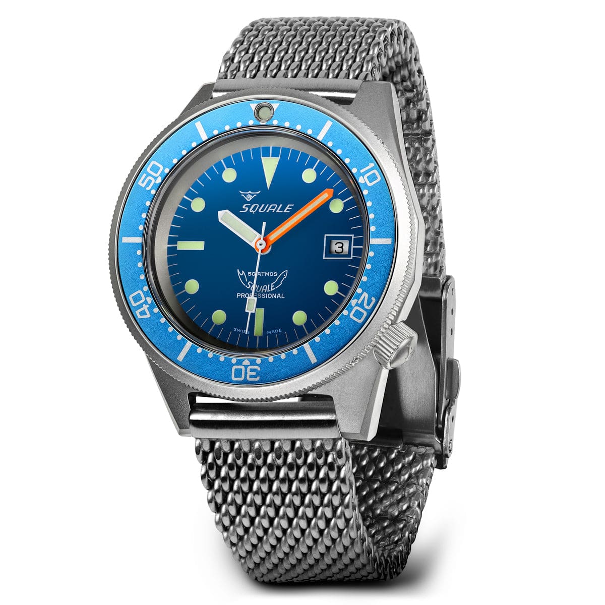 Squale 1521 Swiss Made Diver's Watch Blue Dial, Blasted Case - Mesh Bracelet