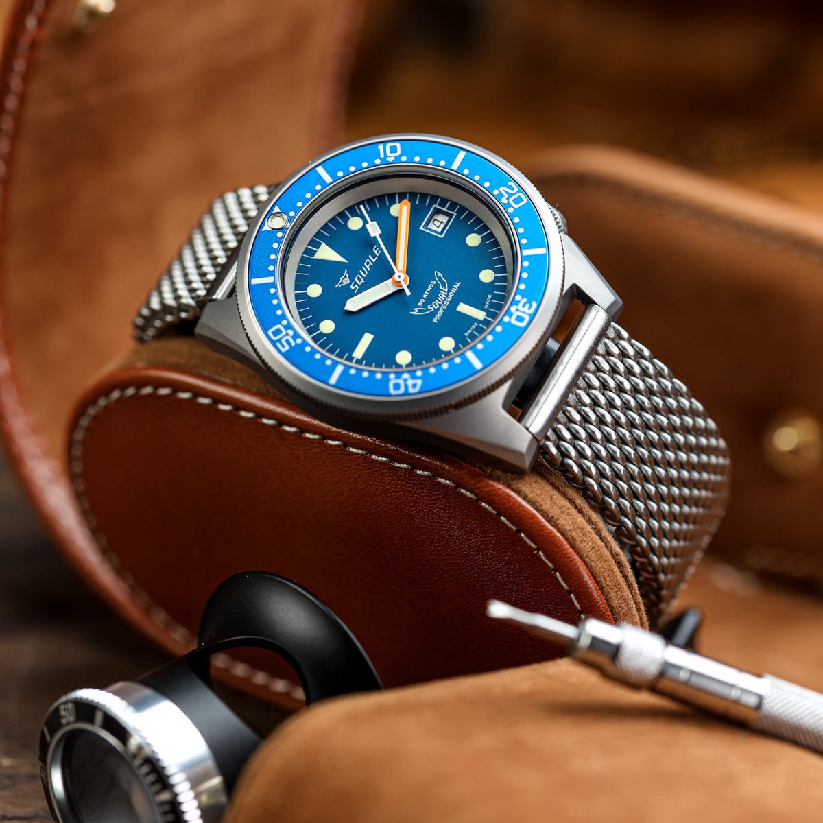 Squale 1521 Swiss Made Diver's Watch Blue Dial, Blasted Case - Mesh