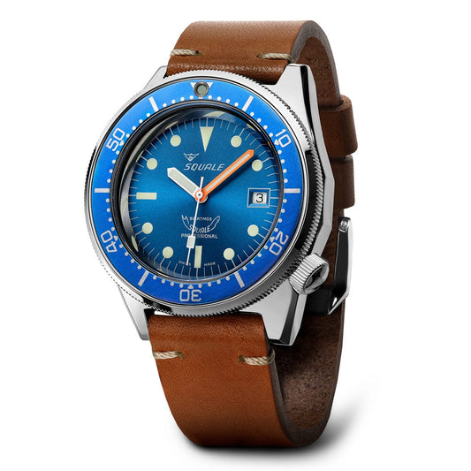 Squale 1521 Swiss Made Divers Watch, Ocean Blue Polished Case - Leather