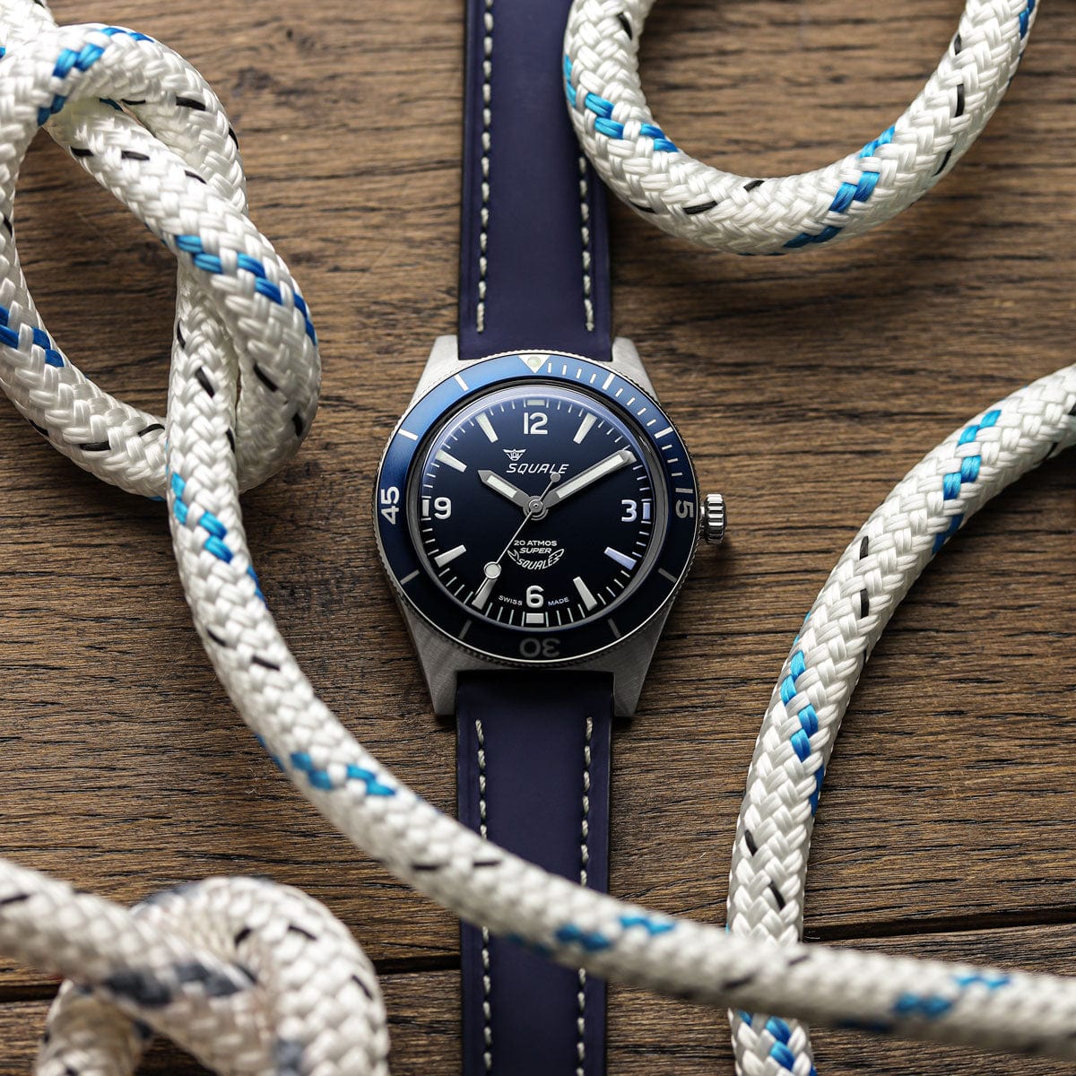 Super Squale - Matt Blue Dial, Blue Rubberized Calf Leather Strap