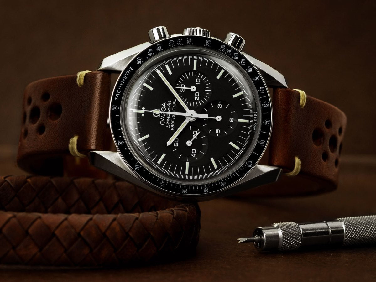 omega moon watch brown strap